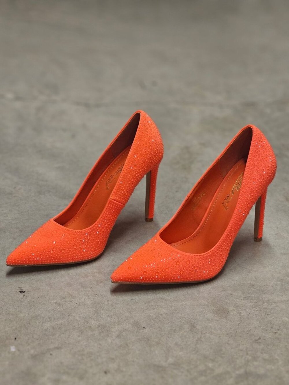 Crystal-Embellished Orange High Heels For Women Pointed Toe Stiletto Heel Elegan